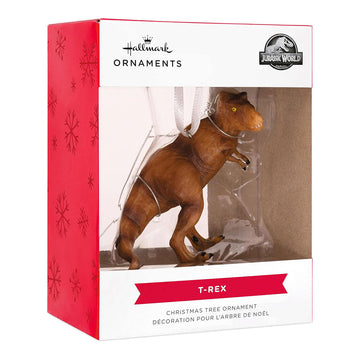 Hallmark T-Rex Christmas tree ornament packaging with red and white design.
